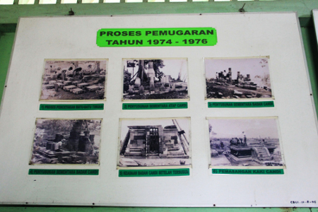 Foto-foto yang menjelaskan pemugaran candi hingga pembangunan ulang pada 1974 sampai 1976
