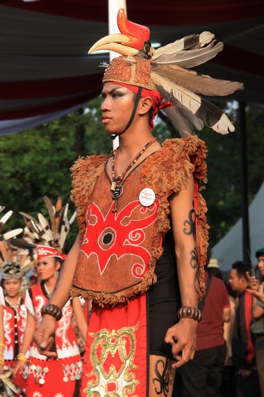 Pakaian adat laki-laki Dayak, Kalimantan Barat, menggunakan mahkota burung tingang yang dianggap suci