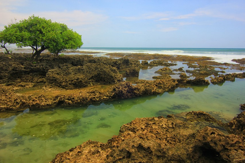 Pemandangan batu karang terlihat begitu dominan di Pantai Pasir Putih Cihara