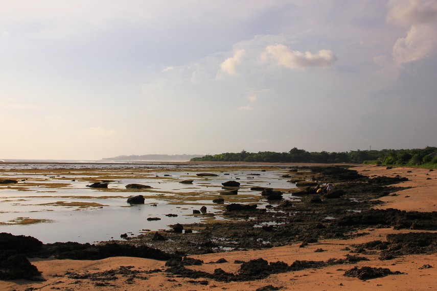 Pasir di Pantai Ujung Genteng memiliki tekstur pasir yang kasar dengan karang yang ada di sekitarnya