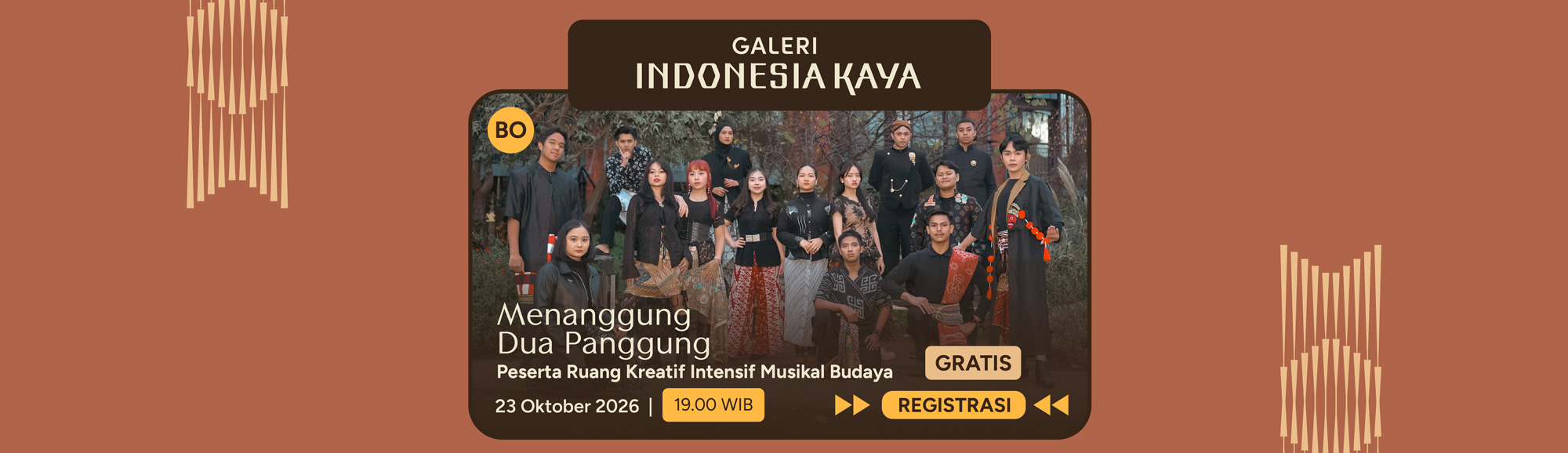 Menanggung Dua Panggung oleh Peserta Ruang Kreatif Intensif Musikal Budaya – 23 Okt 19.00